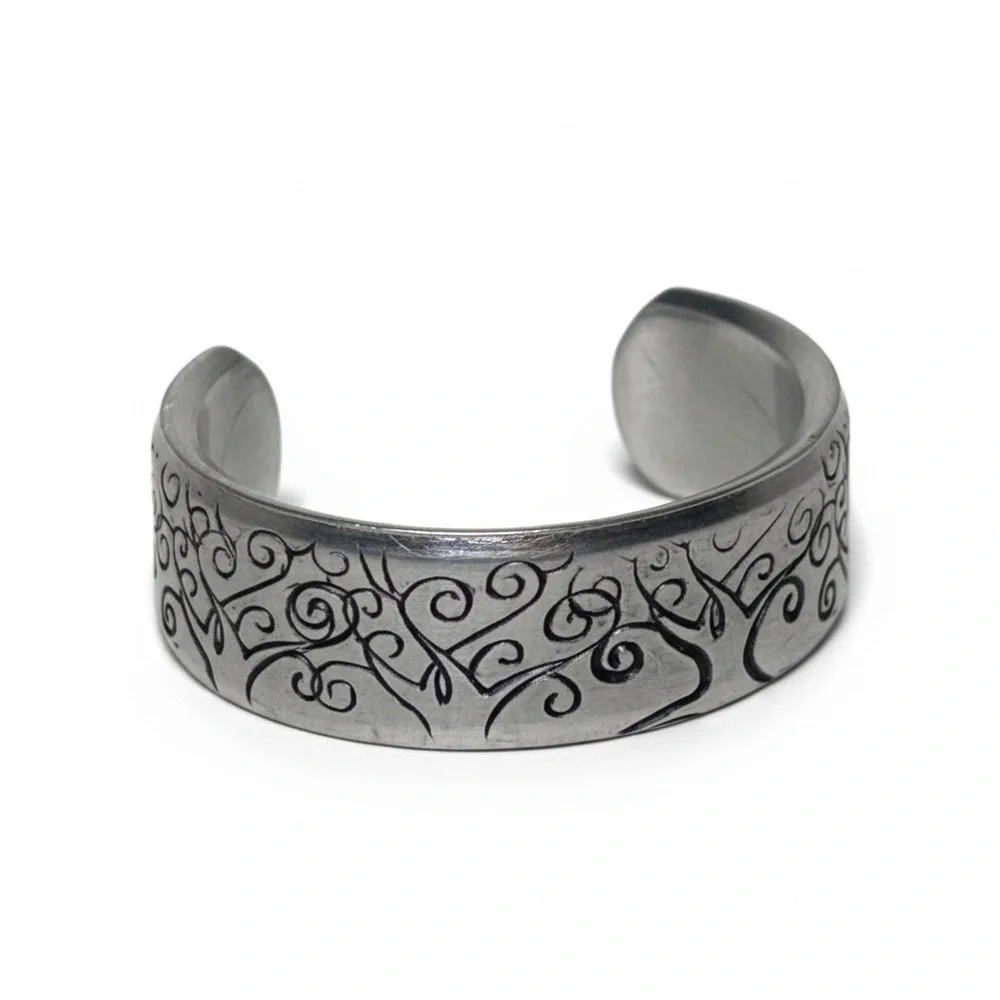 Handmade 7/8 stamped Tree of Life‎ adjustable silver hypoallergenic cuff ring